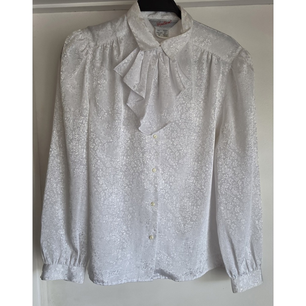 VTG The Wyndham Collection Blouse 12 Floral Texture White Satin Top Shirt Bow